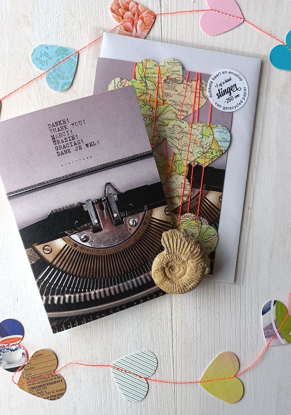 dankjewel kaart met een unieke hartjes slinger van 250cm