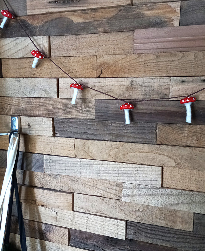 vliegenzwam slinger hangend tegen een houten muur